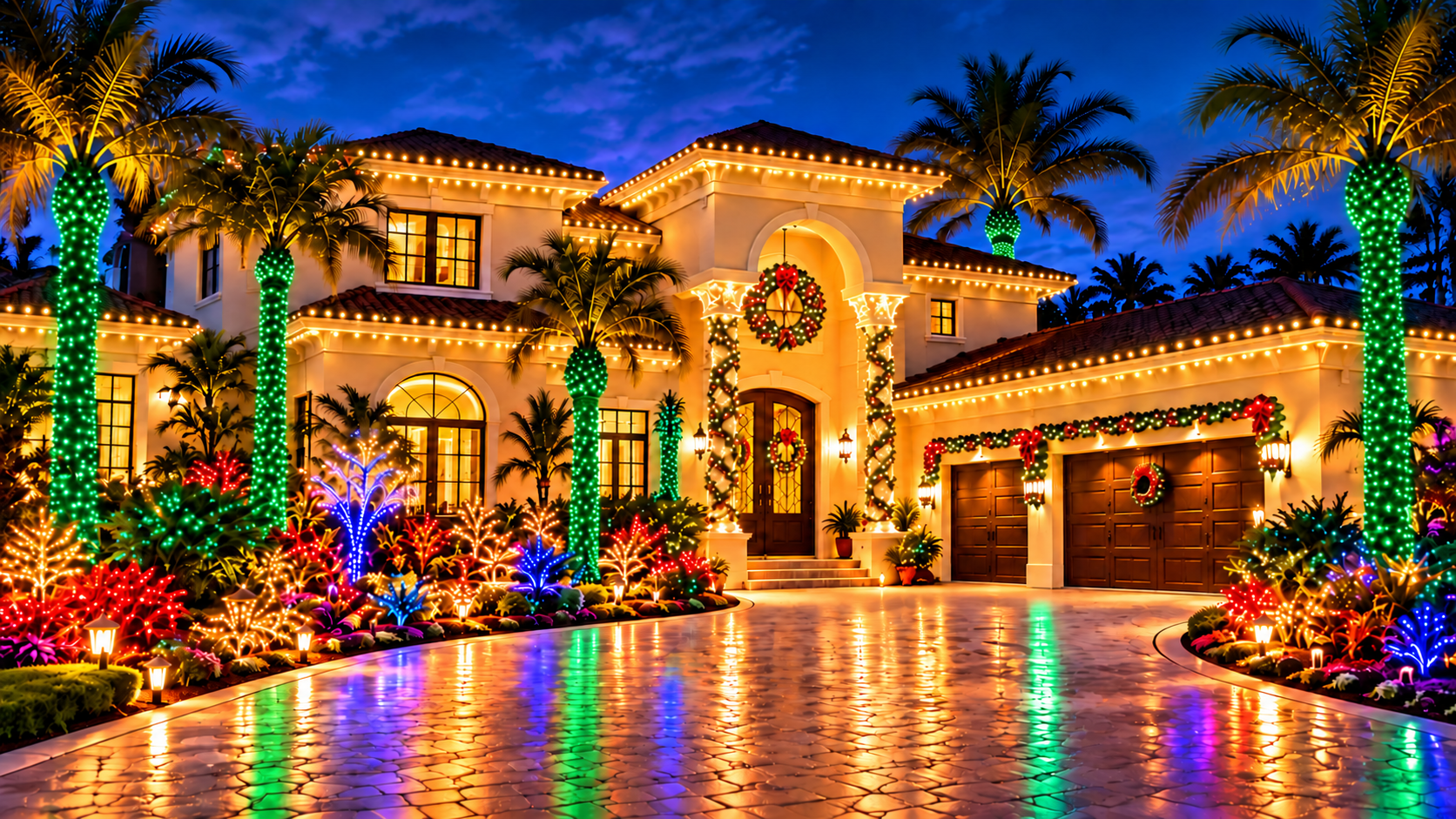 Florida-style home with warm white holiday lights on the house and green palm tree trunk lights and colorful landscape lighting