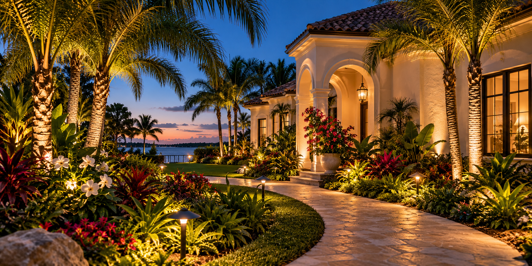 Florida home and tropical garden with warm landscape uplights and illuminated pathways