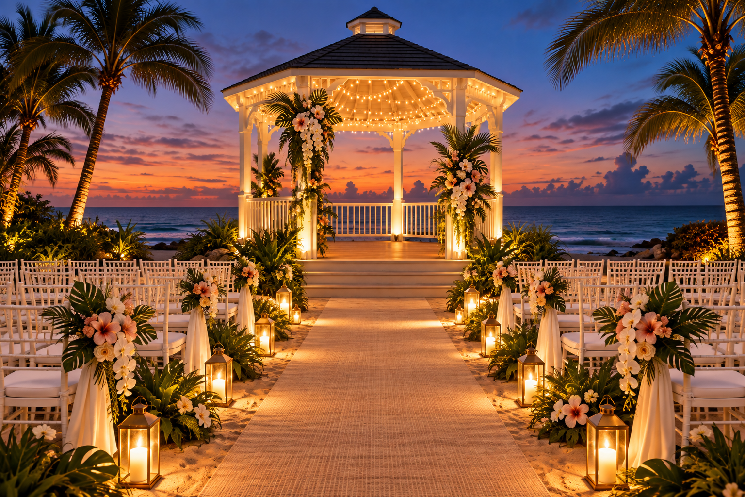 Beachside wedding gazebo with warm string lights, a lantern-lit aisle, white seating, and tropical flowers